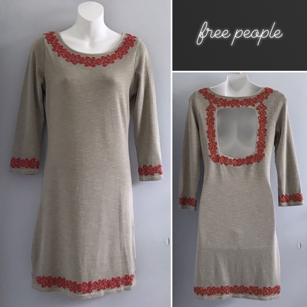 Free People Taupe Red Embroidered LS Dress • S